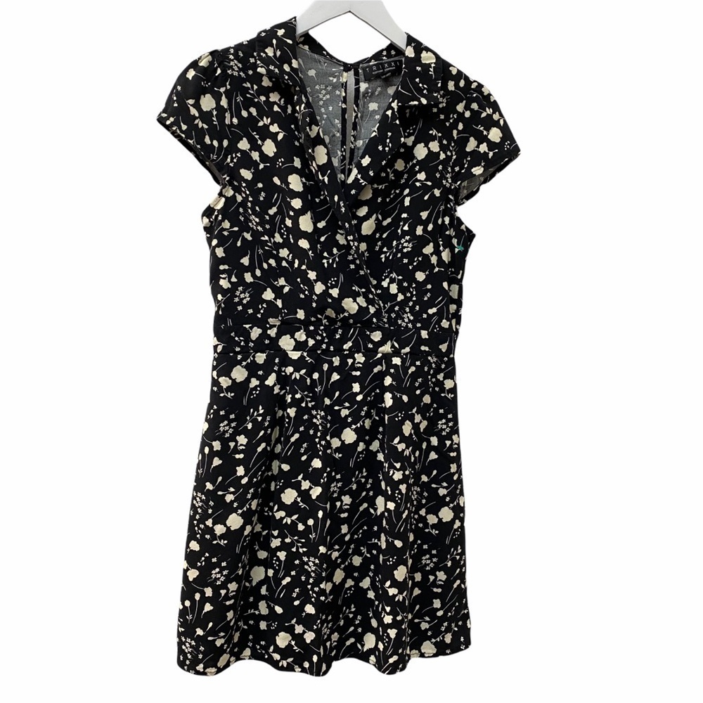 Trixxi Dress S/M Floral Black Ivory Rayon Mini Retro Short Sleeve Womens